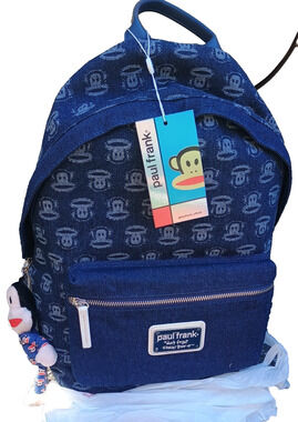 PAUL FRANK Dark Denim BACKPACK Don't Forget Never Grow Up Plush Sock Monkey Clip